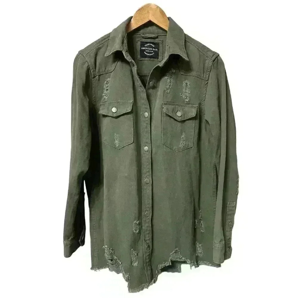 NWOT American Bazi Denim Jean Distressed Button Up Utility Jacket Size Small